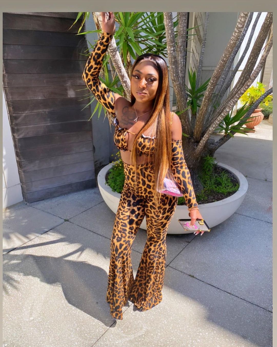 Leopard Print Sleeveless Hollow-Out Long Sleeve Crop Top + Wide Flared Leg Leggings Women's 2-Piece Set