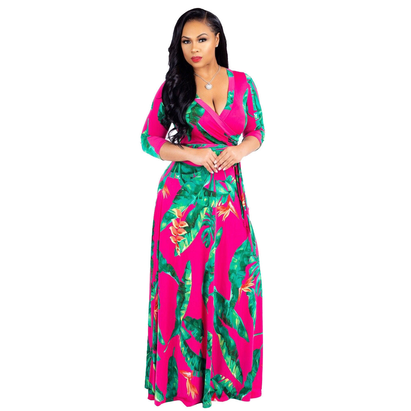 Tropical/Floral/Colorblock/Baroque Print V-Neck Long Sleeve Maxi Dress to 5X Plus Size