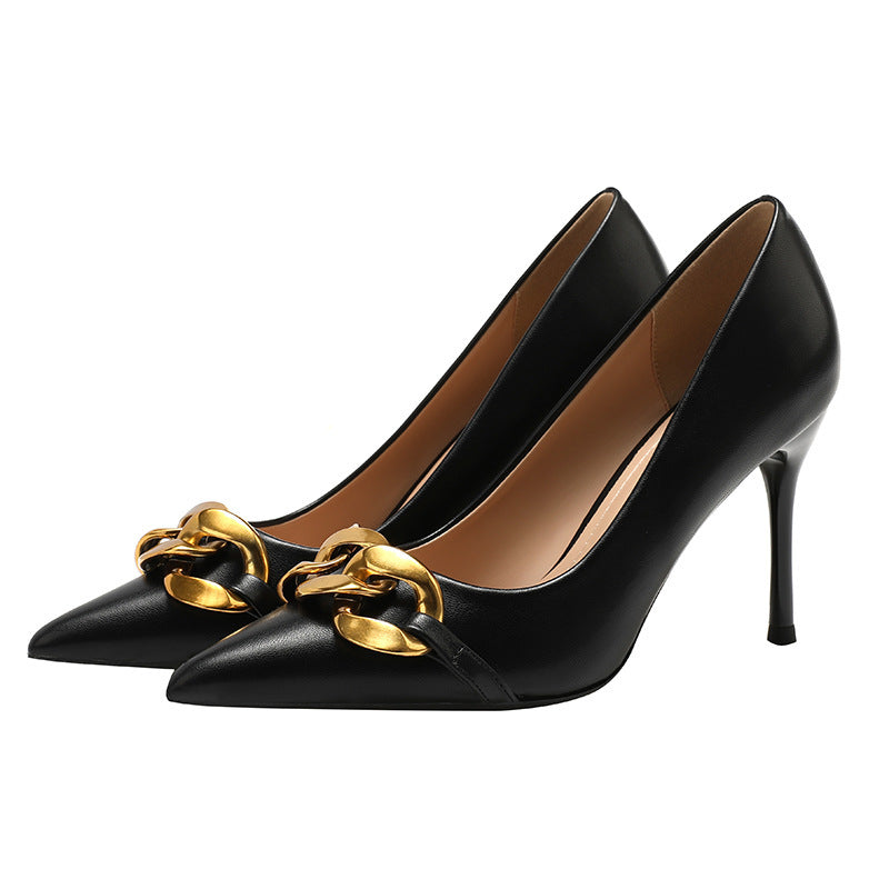 Gold Chain Detail Women's Stiletto Heel Metal Buckle Pointed Toe Shallow Mouth Pumps