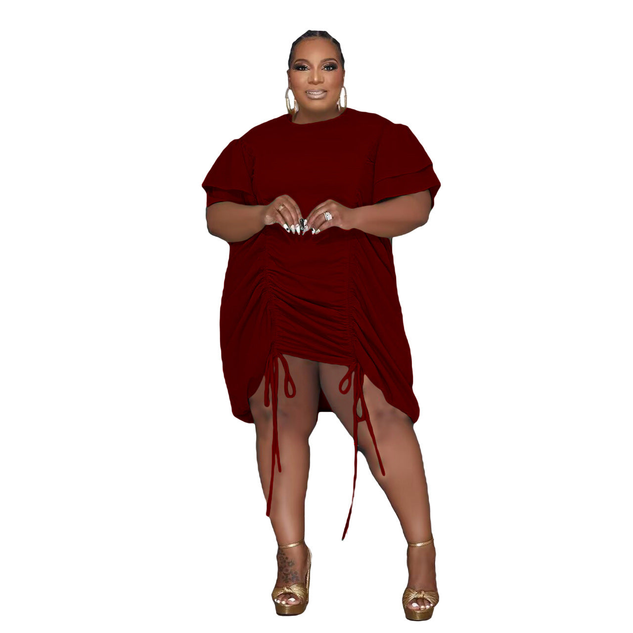 Oversized Ruched Double Short Sleeve Drawstring Midi Dress to 5X Plus Size