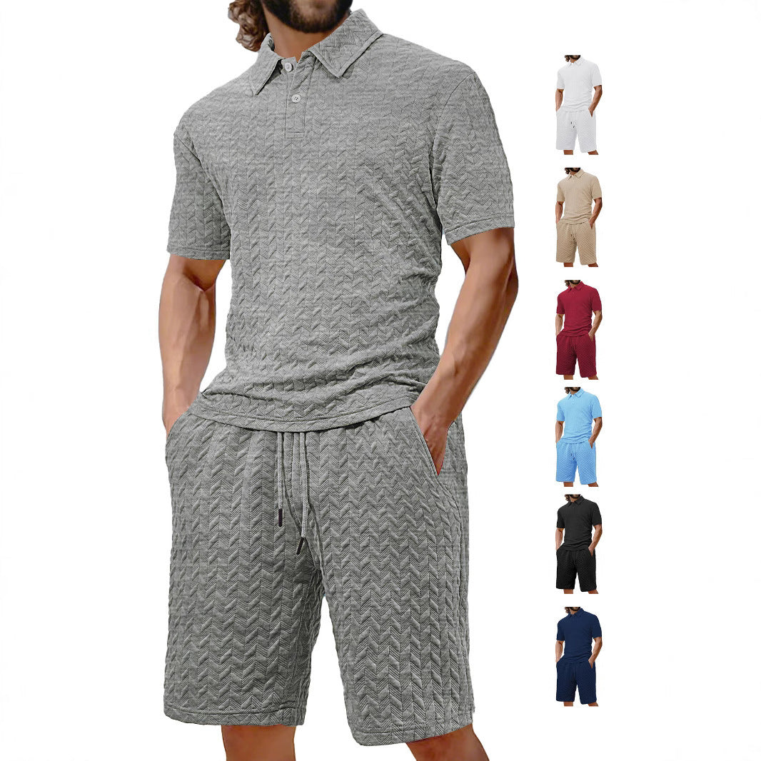 Men's Zigzag Knit Short Sleeve Turn-Down Collar Solid Color Polo Shirt + Shorts 2-Piece Set