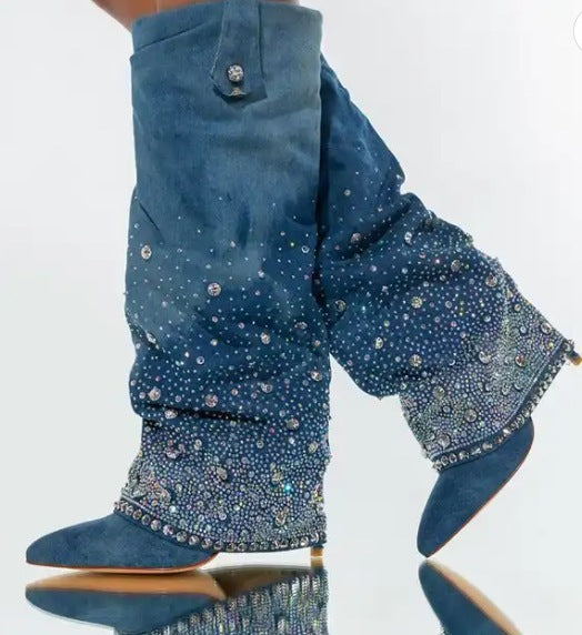 Denim Rhinestone Western Pointed Toe Stiletto Women's Jean Slouch Pipe Boots