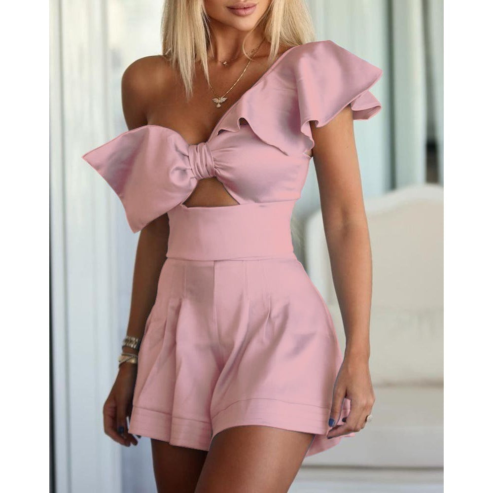 Ruffled Big Bow Design One Shoulder Asymmetrical Hollow-Out One Piece Shorts Romper