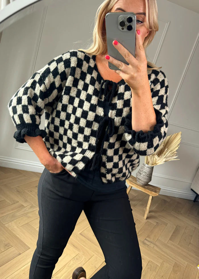 Plaid Checker Colorblock Print Bowknot Design Women's 1/2 Sleeve Sweater