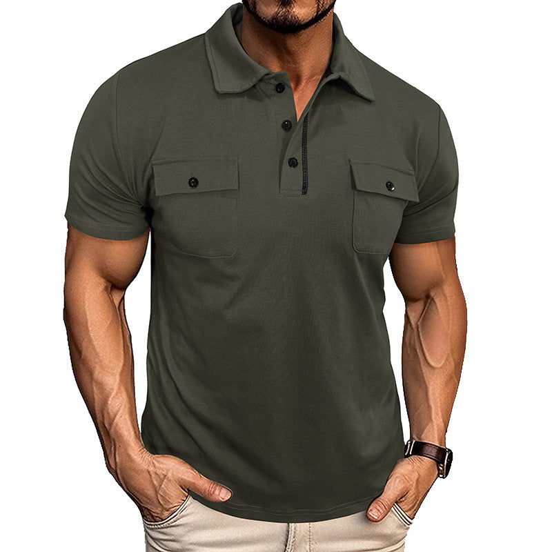 Men's Double Pocket Solid Color Button-Up Turn-Down Collar Polo Shirts