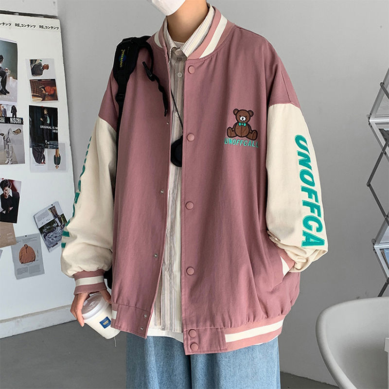 Men's Cartoon Teddy Bear Bear Embroidered Baseball Bomber Jacket