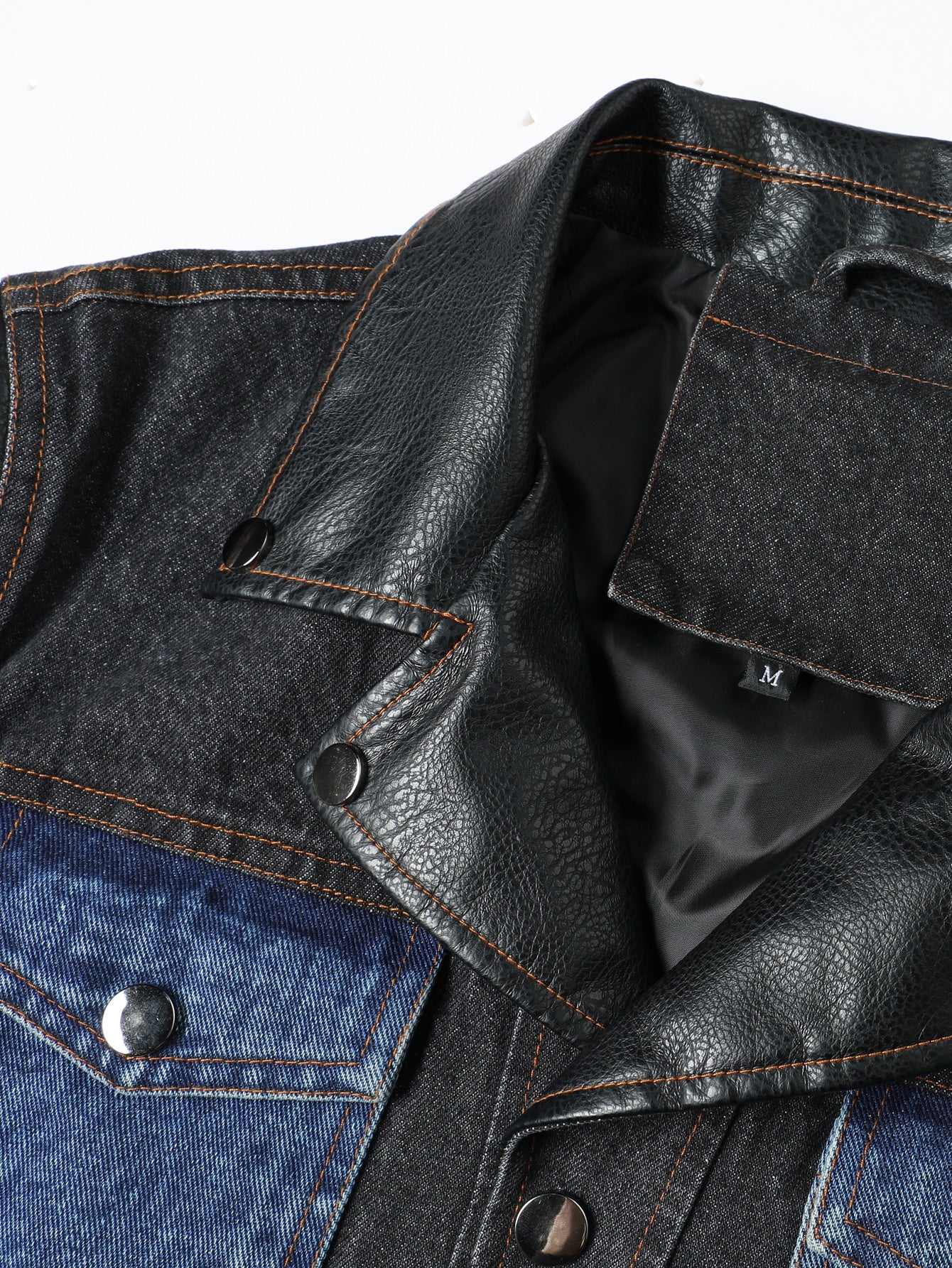 Men's Denim PU Leather Patchwork Colorblock Double Pocket Jean Jacket