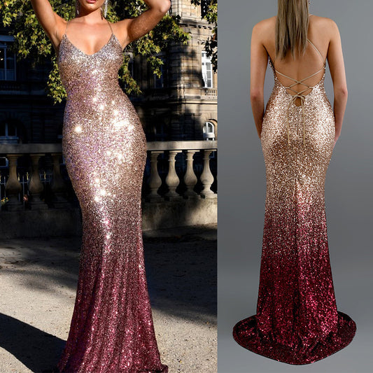 Ladies Sexy V-neck Halter Gradient Long Dress