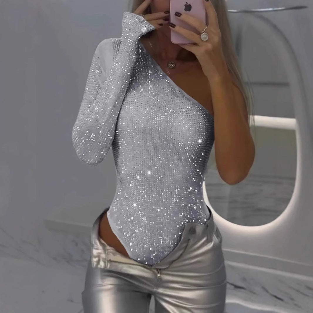 Sparkling Glitter One Shoulder Rhinestone Sequin Women's Asymmetrical Top to 3X Plus Size