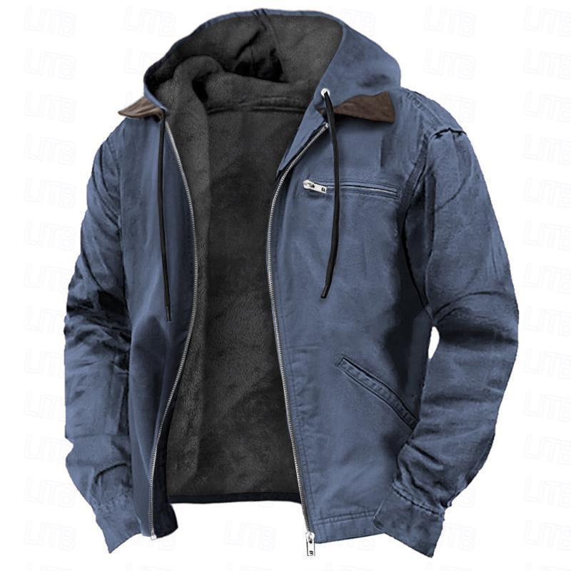 Men's Hooded Pocketed Warm Fleece Lined Zipper Jacket