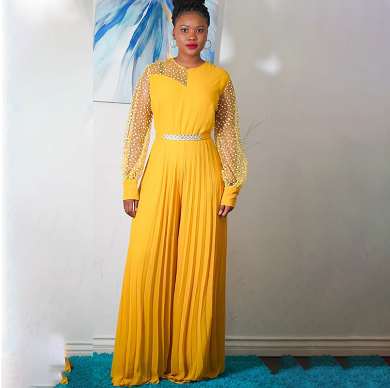 Pleated Sheer Pearl Embellished Transparent Wide Leg Pants Jumpsuit to 6X Plus Size