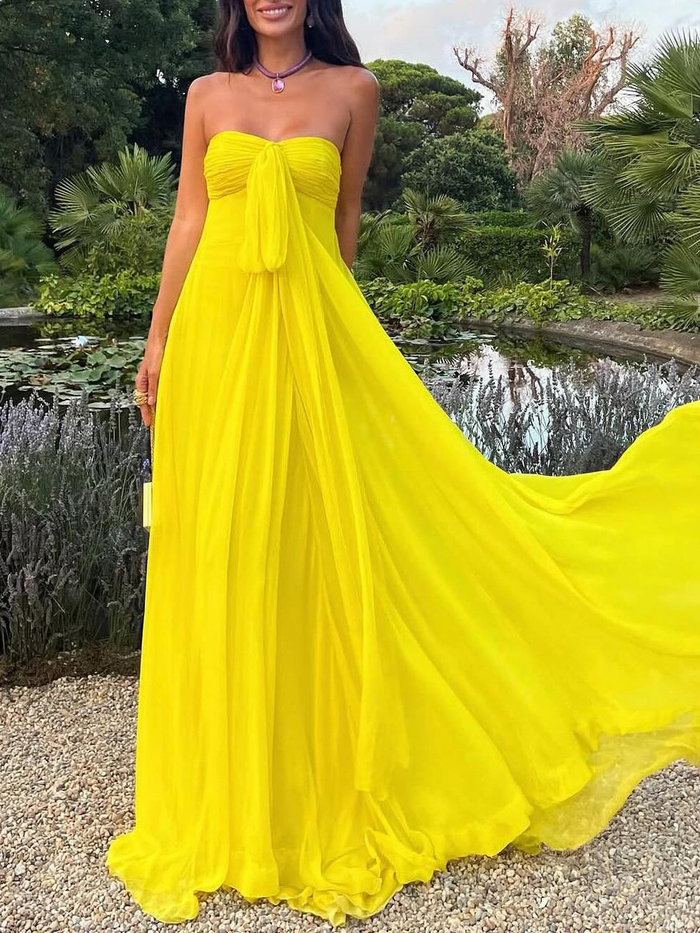 Yellow Sleeveless Strapless Bowknot Maxi Tube Dress