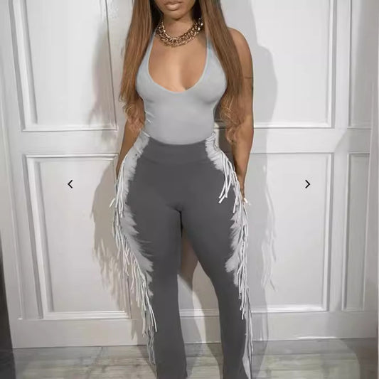 Side Tassel Fringe Design Sleeveless Women's V-Neck Skinny Jumpsuit