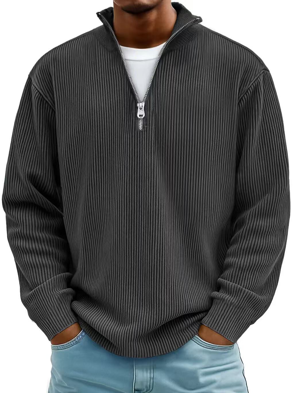 Men's Corduroy Stand Collar Solid Color Long Sleeve Quarter Zip Sweatshirt