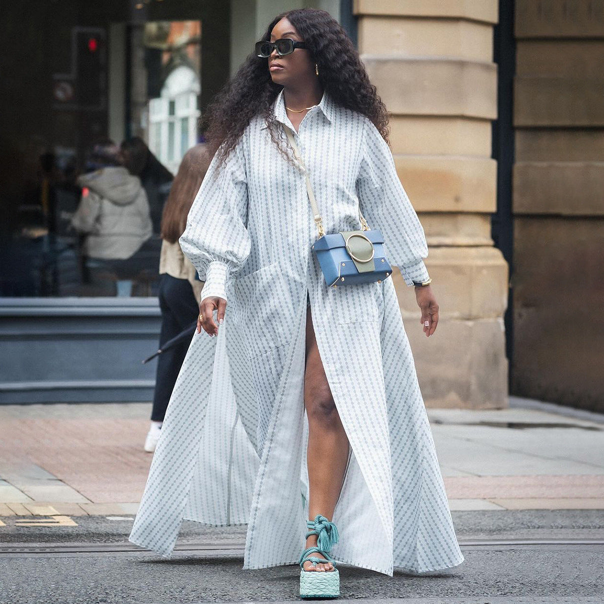 Striped Print Turn-Down Collar Long Sleeve Shirt Dress to 5X Plus Size