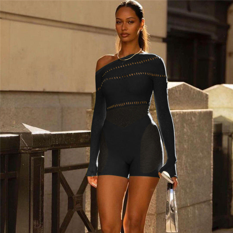 Mesh Transparent Hollow-Out Asymmetrical One Shoulder High Waist Long Sleeve Women's Stretch Shorts Romper