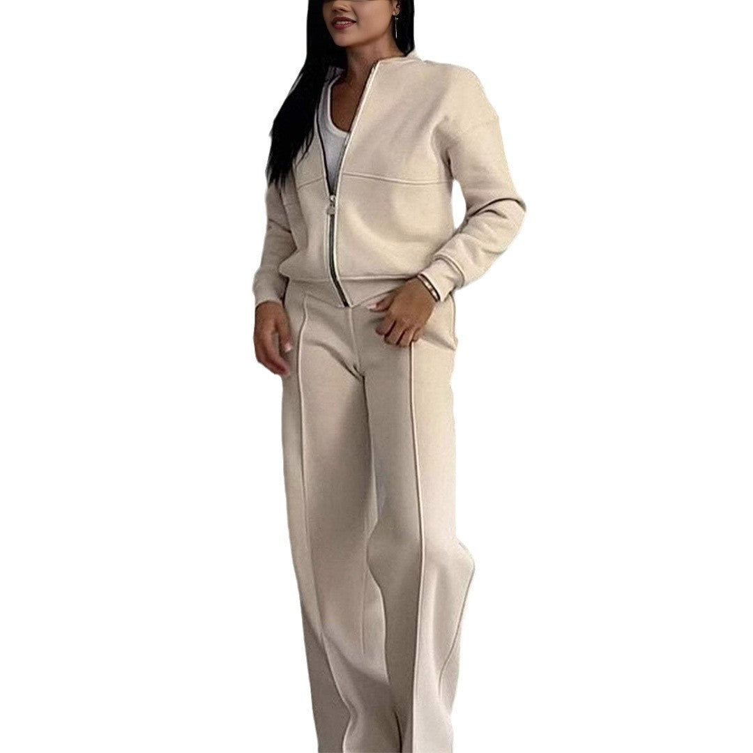 Women's O-Neck Solid Color Zipper Jacket + Wide Leg Pants Tracksuit