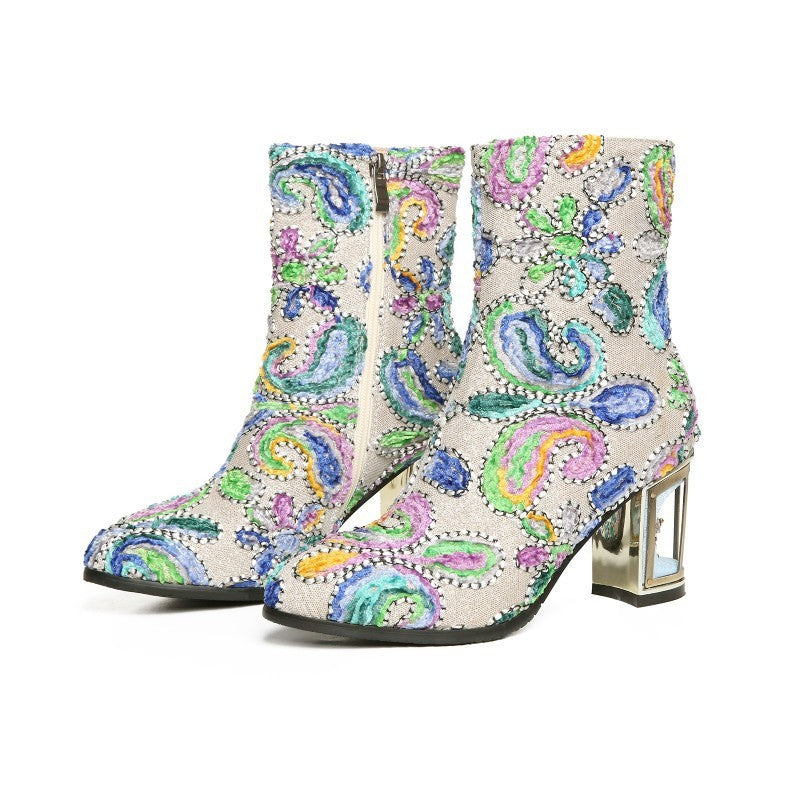 Paisley Floral Print Leather Women's Pointed Toe Metal Platform Heel Ankle Boots