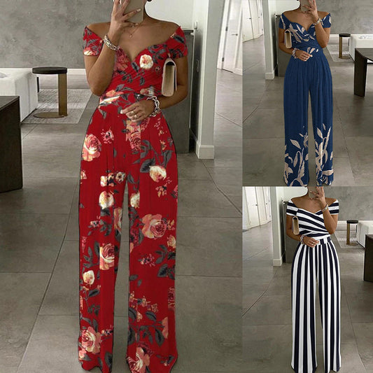 Striped/Floral Print Women's Off-the-Shoulder Temperament Casual High Waist Jumpsuit to 3X Plus Size