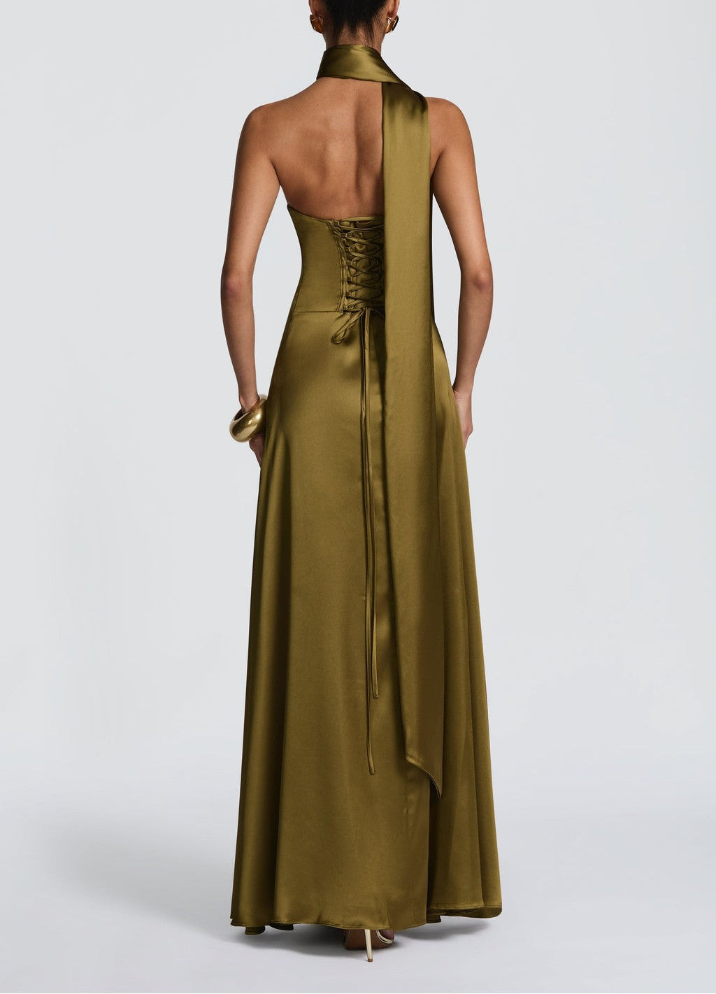 Oversized Satin Sleeveless Solid Color Floor-Length Formal Dress w/ Neck Sash