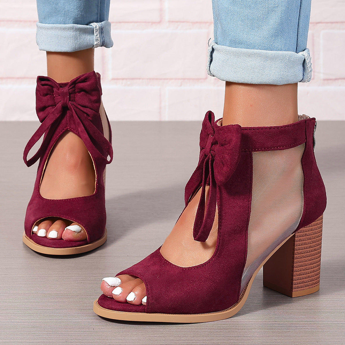 Bowknot Design Chunky Platform Heel Women's Hollow-Out Open Toe Ankle Strap Boots