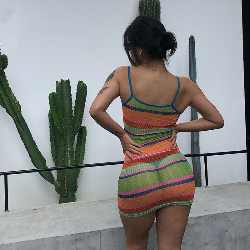Rainbow Pastel Striped Knitted Spaghetti Strap Mini Dress