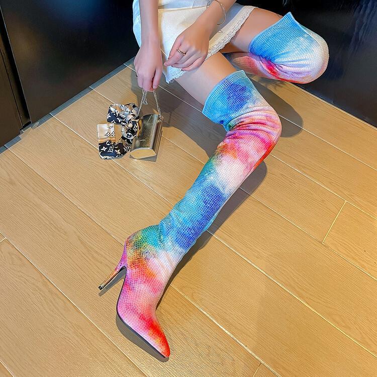 Iridescent Hot Pink/White/Blue Colorblock Tie-Dye Print Skinny Heel Over-the-Knee Elastic Boots