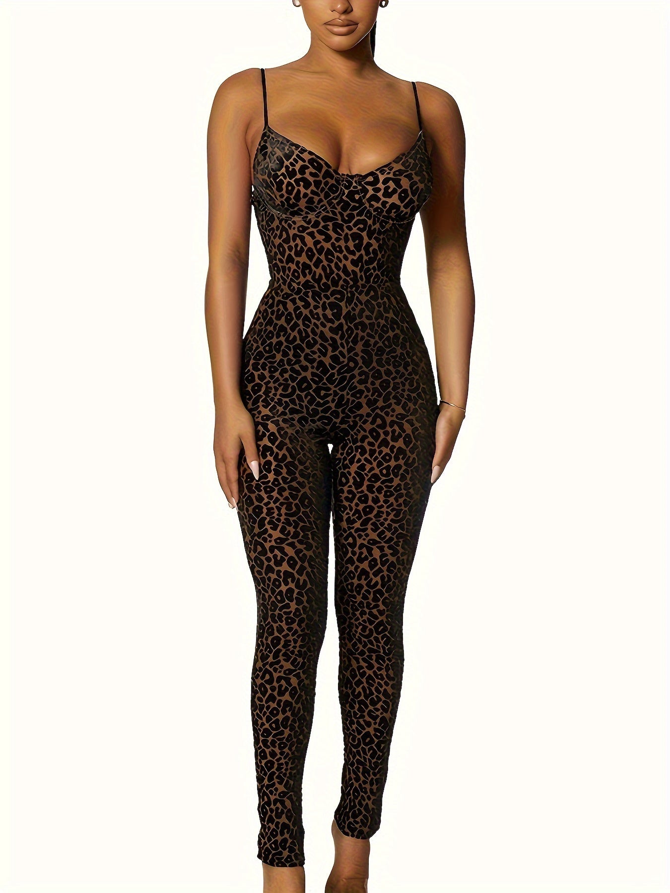 Leopard Print Cami V-Neck Spaghetti Strap Sleeveless Women's Skinny Jumpsuit