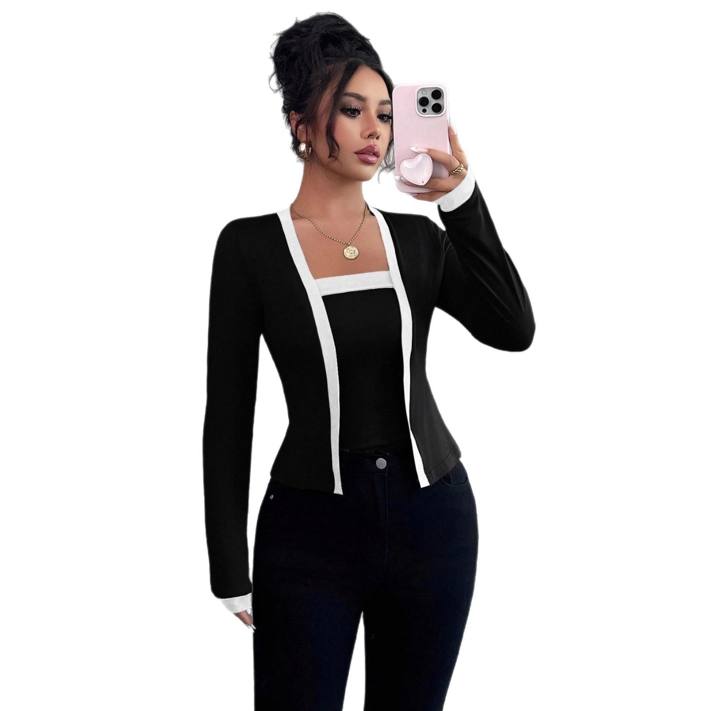 Colorblock Women's Cardigan Blazer Jacket + Vest 2-Piece Office Top
