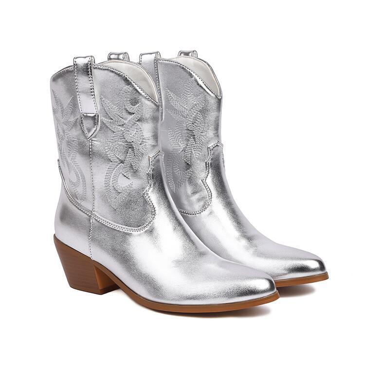 Metallic Patent Leather Embroidered Pointed Toe Chunky Heel Ankle Western Cowgirl Boots