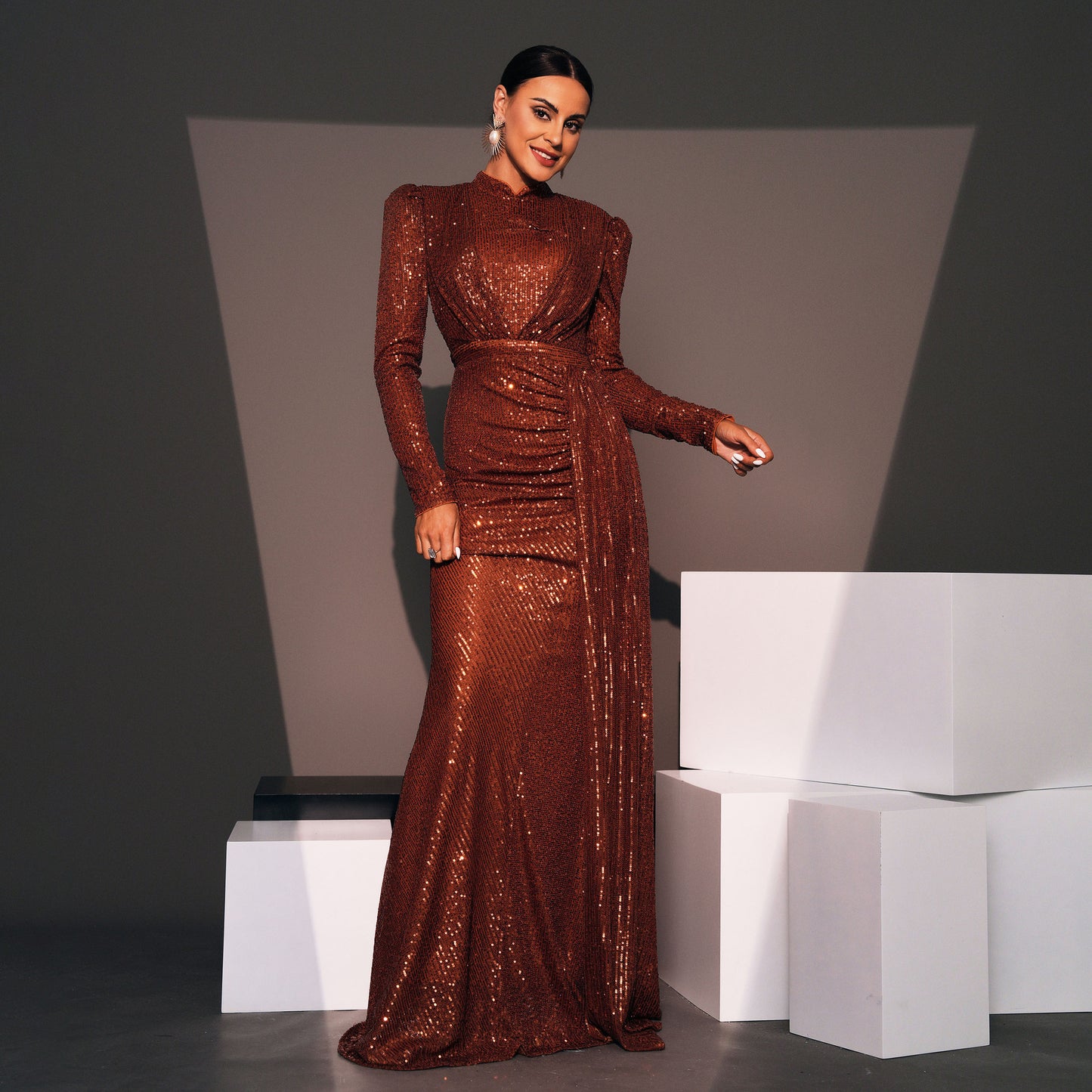 Glitter Sparkling Sequin Design Ruched Pleat3d Long Sleeve O-Neck Formal Floor-Length Dress