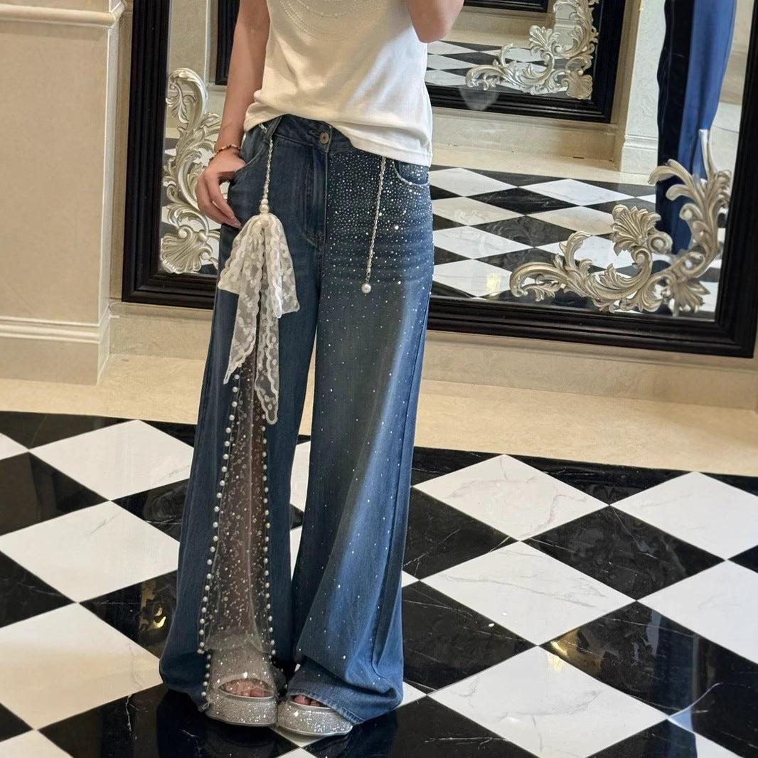 Irregular Lace Rhinestone Pearl Embellished Hollow-Out Design Women's Wide Leg Jeans