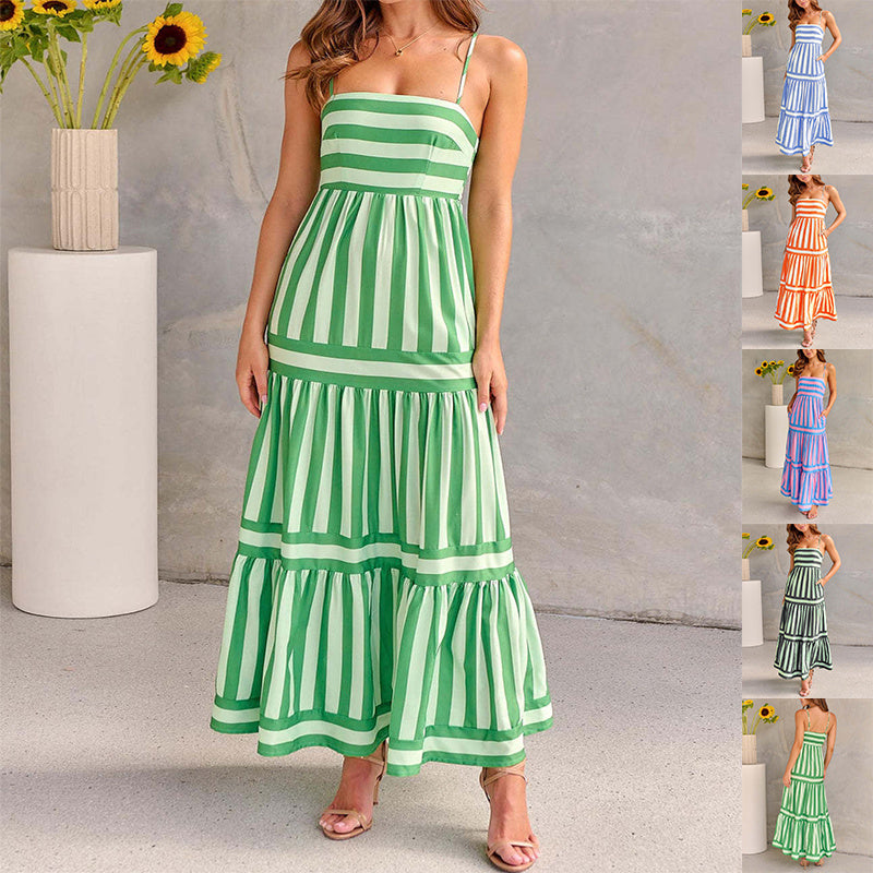 Striped Print Spaghetti Strap Square Neck Backless Maxi Tiered Beach Dress