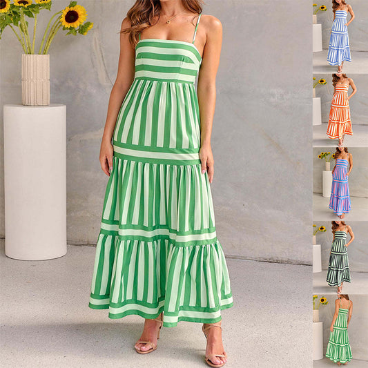 Striped Print Spaghetti Strap Square Neck Backless Maxi Tiered Beach Dress