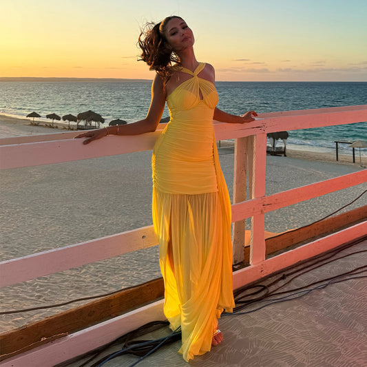 Yellow Mesh Transparent Ruched Halter High Slit Maxi Dress