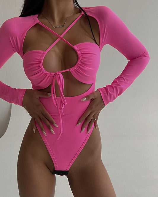 Lace-Up Women's Hollow-Out Skinny Fit Solid Color Long Sleeve Bodysuit