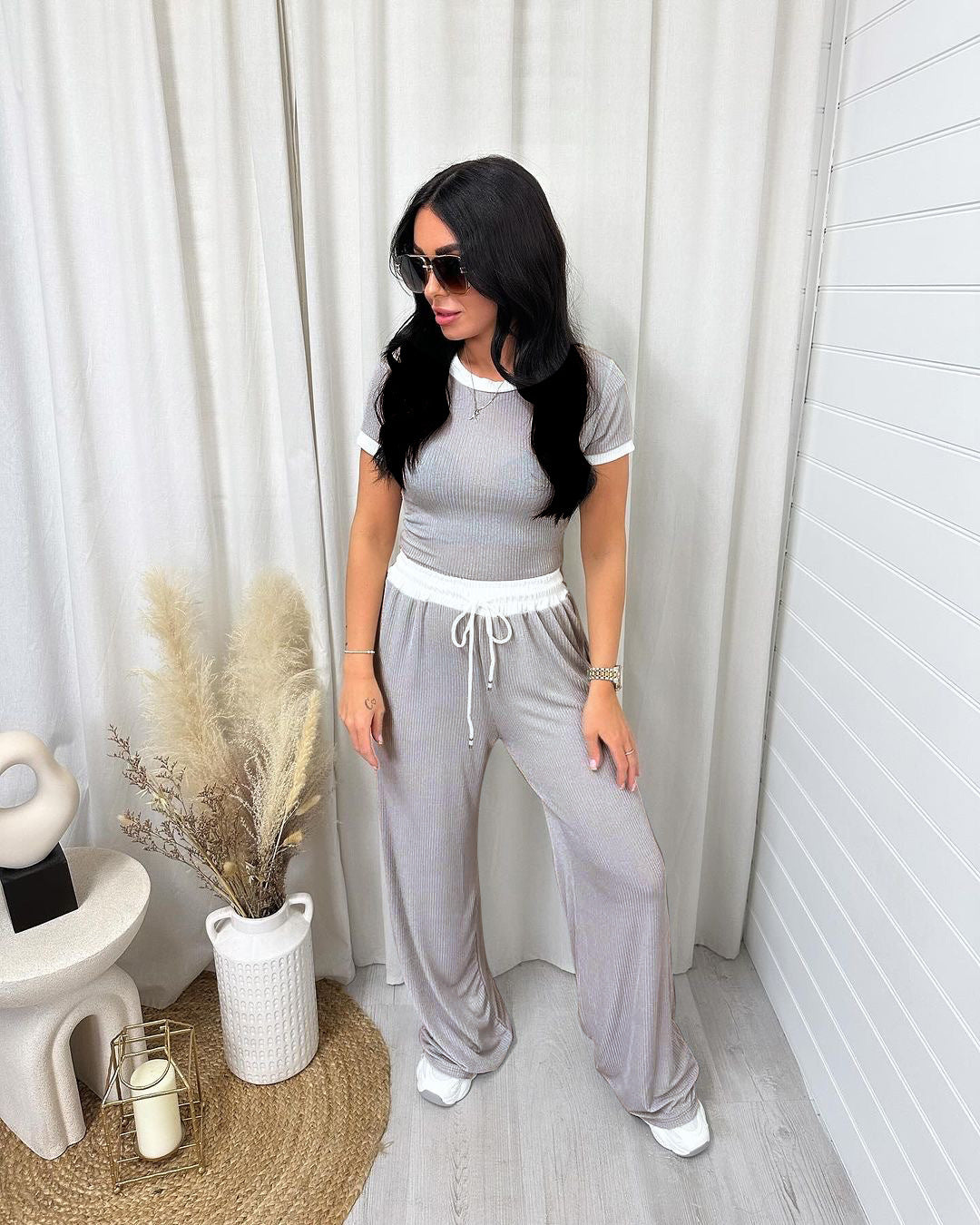 Side Striped Colorblock O-Neck Women's Short Sleeve T-Shirt + Drawstring Wide Leg Pants 2-Piece Set
