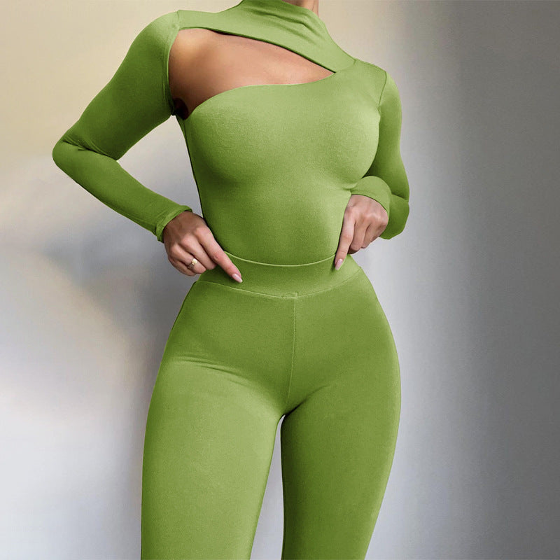 Women's Solid Color Slim Fit Long Sleeve Flared Pants Casual Suit