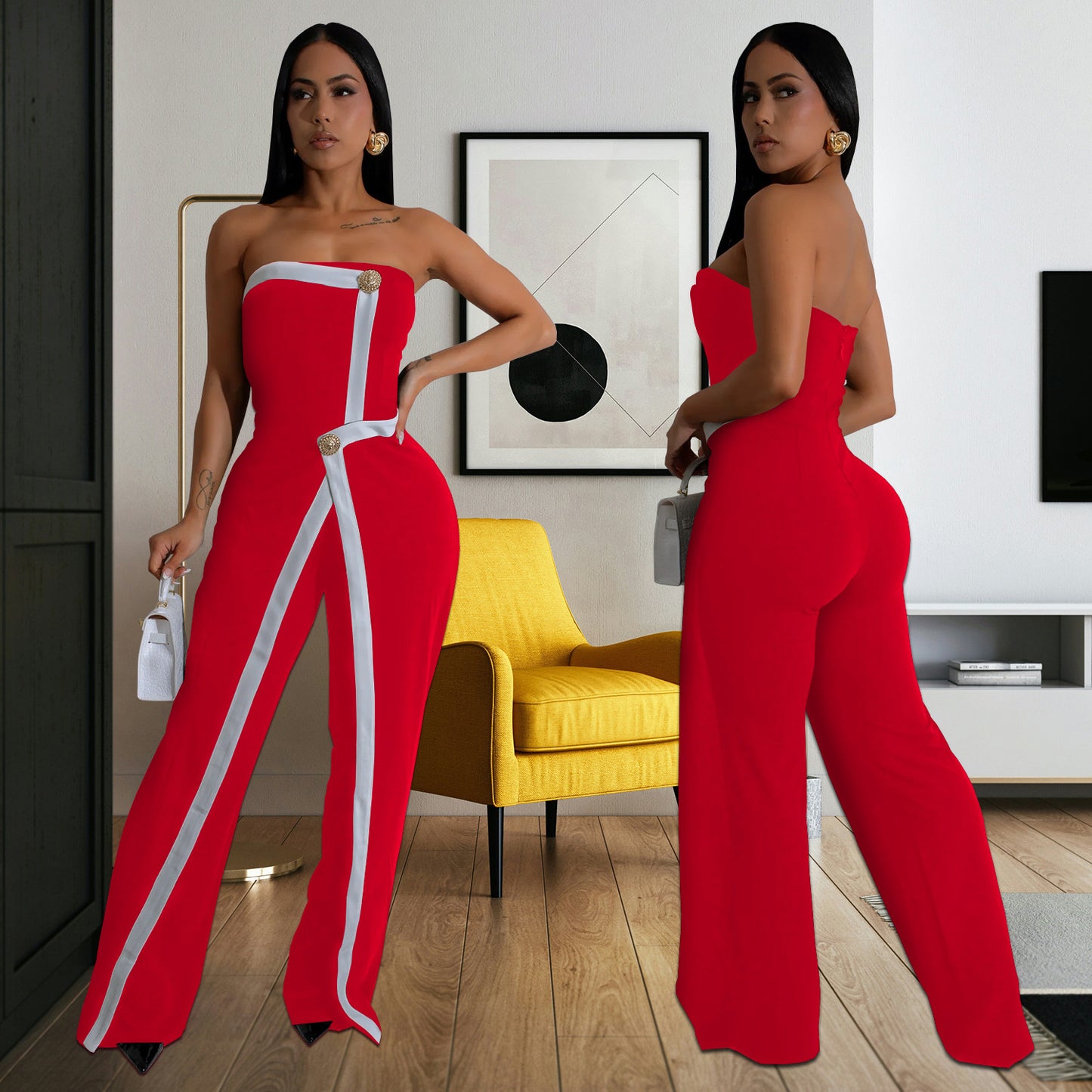 Fashion Women's Wear Sexy Tube Top Arm Covering Backless Button Jumpsuit