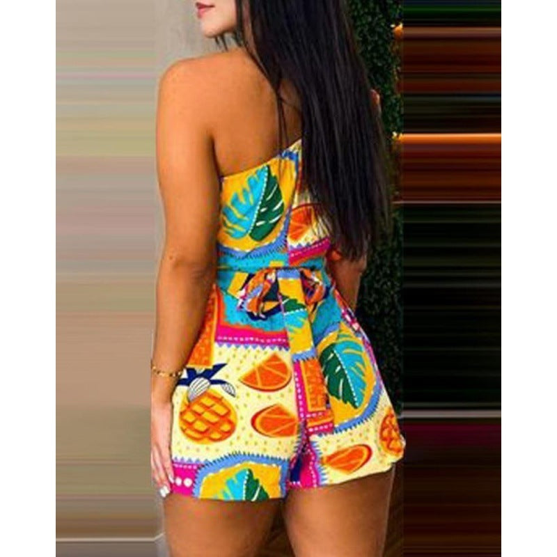 Tropical Print Women's Asymmetrical One Shoulder Ruffled Lace-Up Shorts Romper