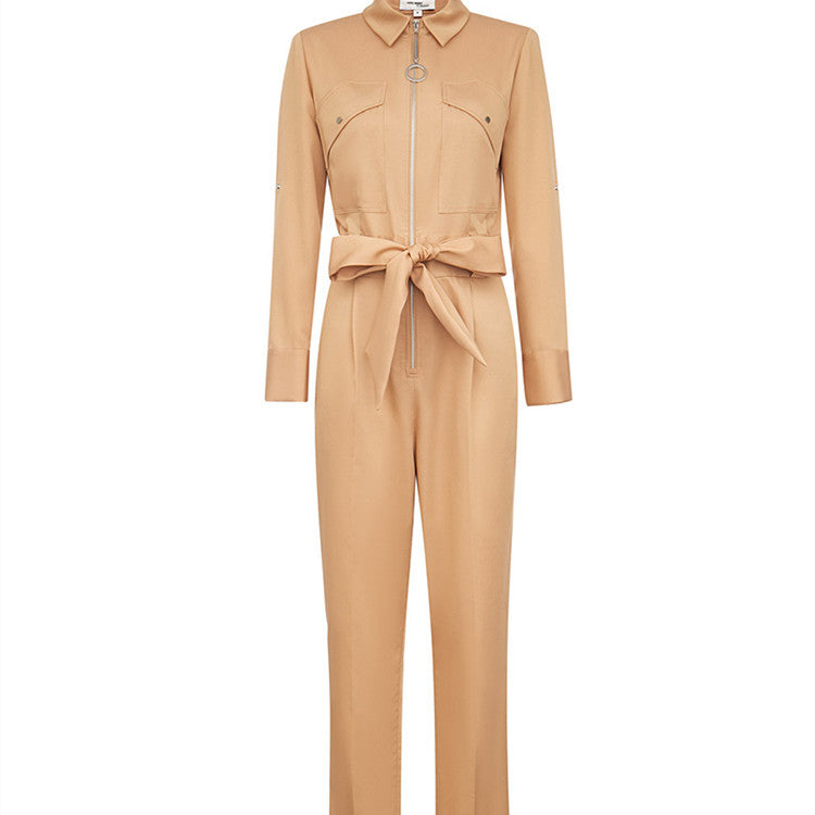 Rivet Turn-Down Collar Long Sleeve Skinny Solid Color Women's Zipper Jumpsuit w/ Sash Belt