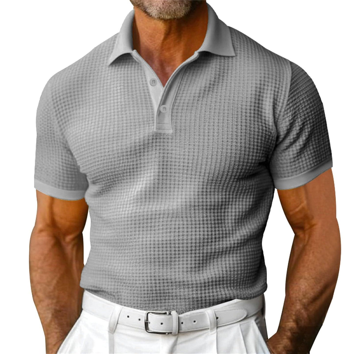 Men's Waffle Pattern Turn-Down Collar Short Sleeve Polo Shirt