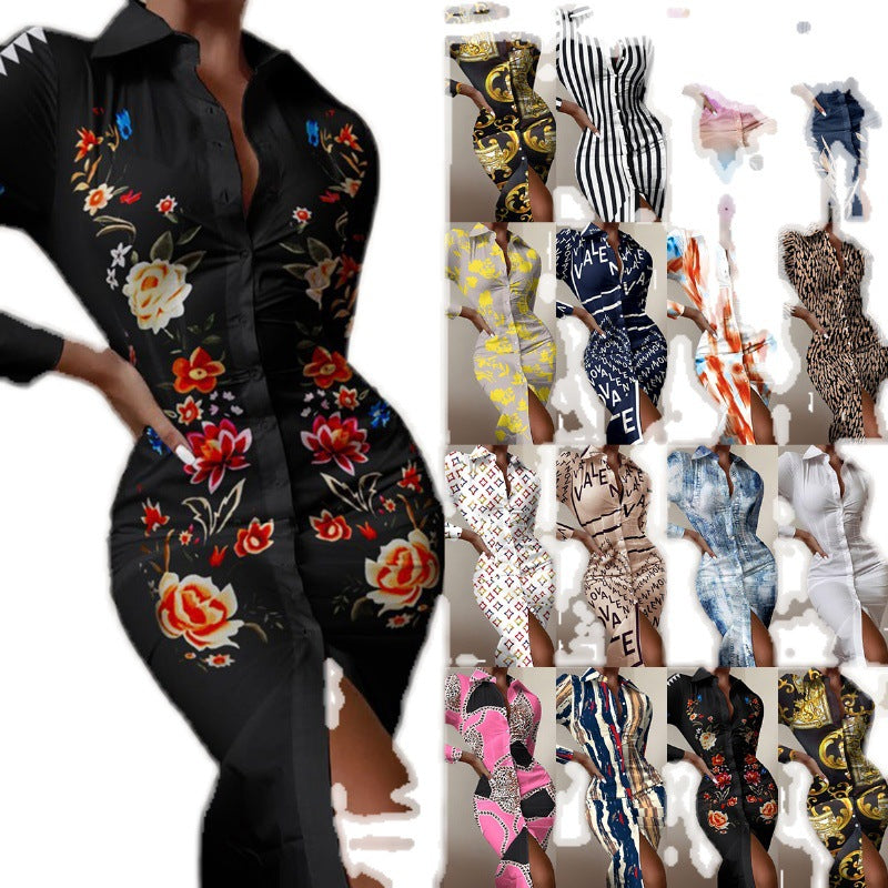 Floral/Striped/Baroque/ Geometric/Colorblock Button-Up Long Sleeve Turn-Down Collar Shirt Dress