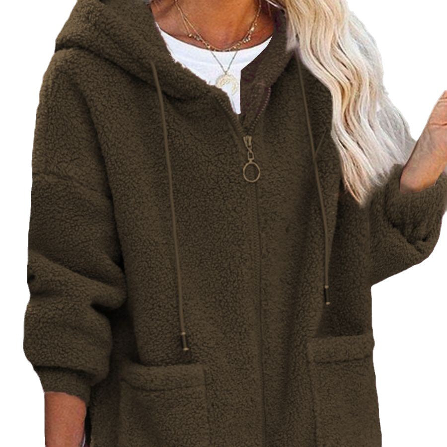 Fleece Solid Color Loose Women's Zipper Hoodie Jacket
