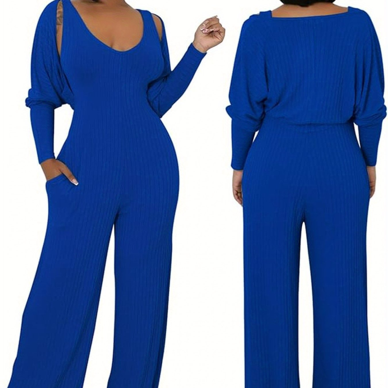 Ribbed Knitted Solid Color Batwing Sleeve Blazer + U-Neck Women's Sleeveless Jumpsuit 2-Piece Set
