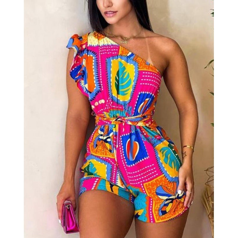 Tropical Print Women's Asymmetrical One Shoulder Ruffled Lace-Up Shorts Romper