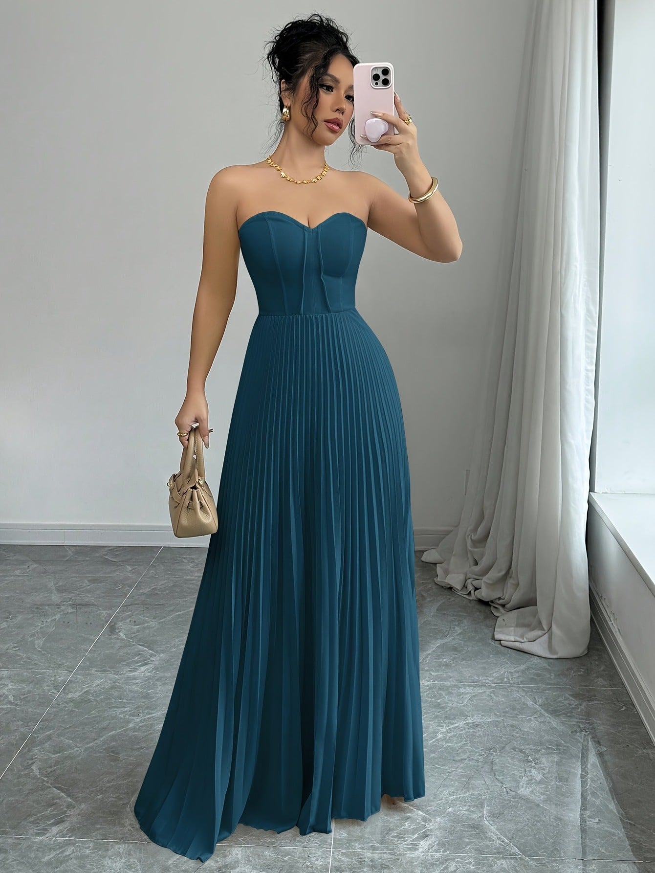 French Sleeveless Pleated Closet Top Solid Color Maxi Formal Tube Dress