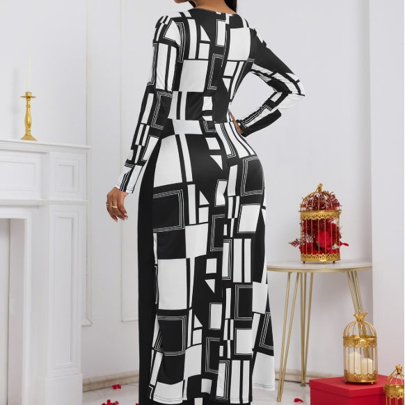 Black/White Colorblock  Geometric Print Long Sleeve Maxi Blouse One-Piece Women's Jumpsuit
