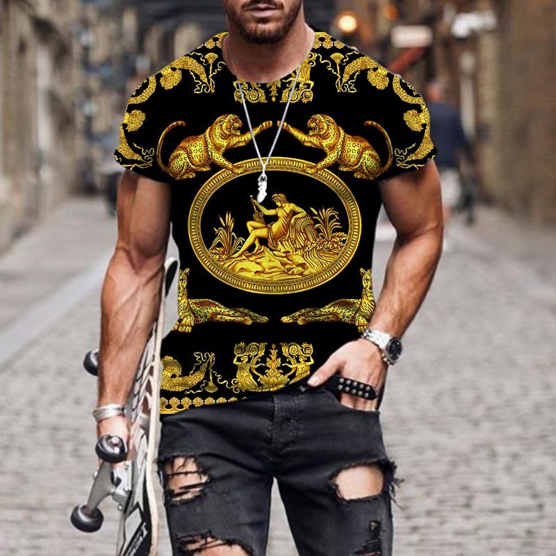 Men's Black/Yellow/Red Baroque Pattern 3D Print 1/2 Sleeve T-Shirt