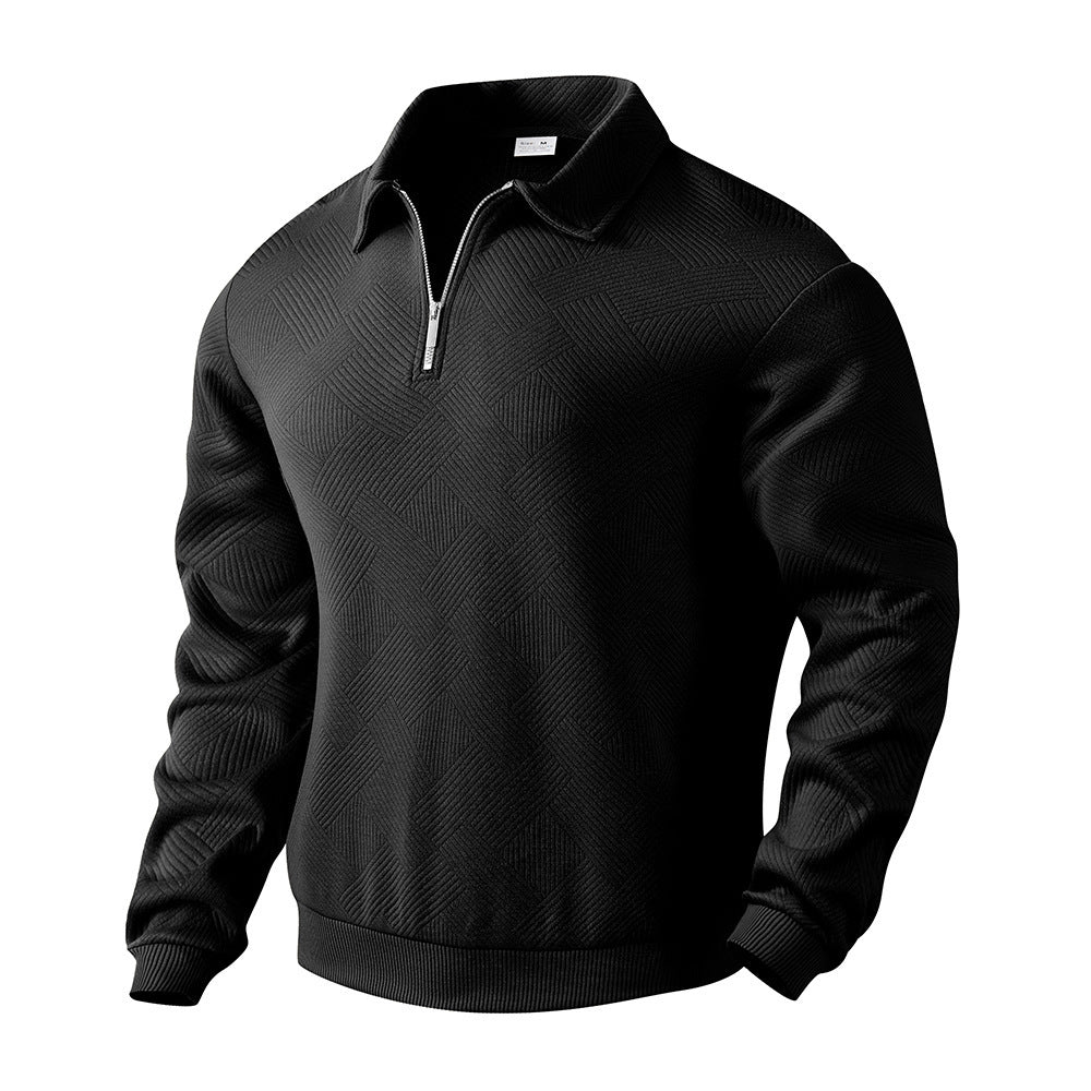 Men's Jacquard Turn-Down Collar Half Zipper Solid Color Long Sleeve Sweatshirt